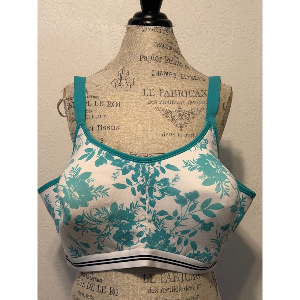 Cacique 48D Teal White Floral Cotton LL NW Scoop Lounge Bra A83578